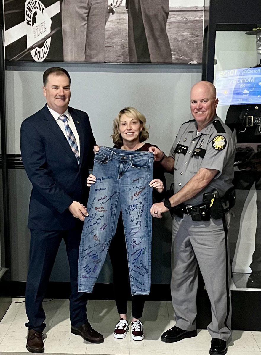 KSP encourages everyone to wear jeans tomorrow (April 24) for #DenimDay to bring awareness to victims of sexual assault. Thank you @LtGovColeman for signing our jeans in support of this effort. Full story: kentuckystatepolice.ky.gov/news/p12-4-23-…