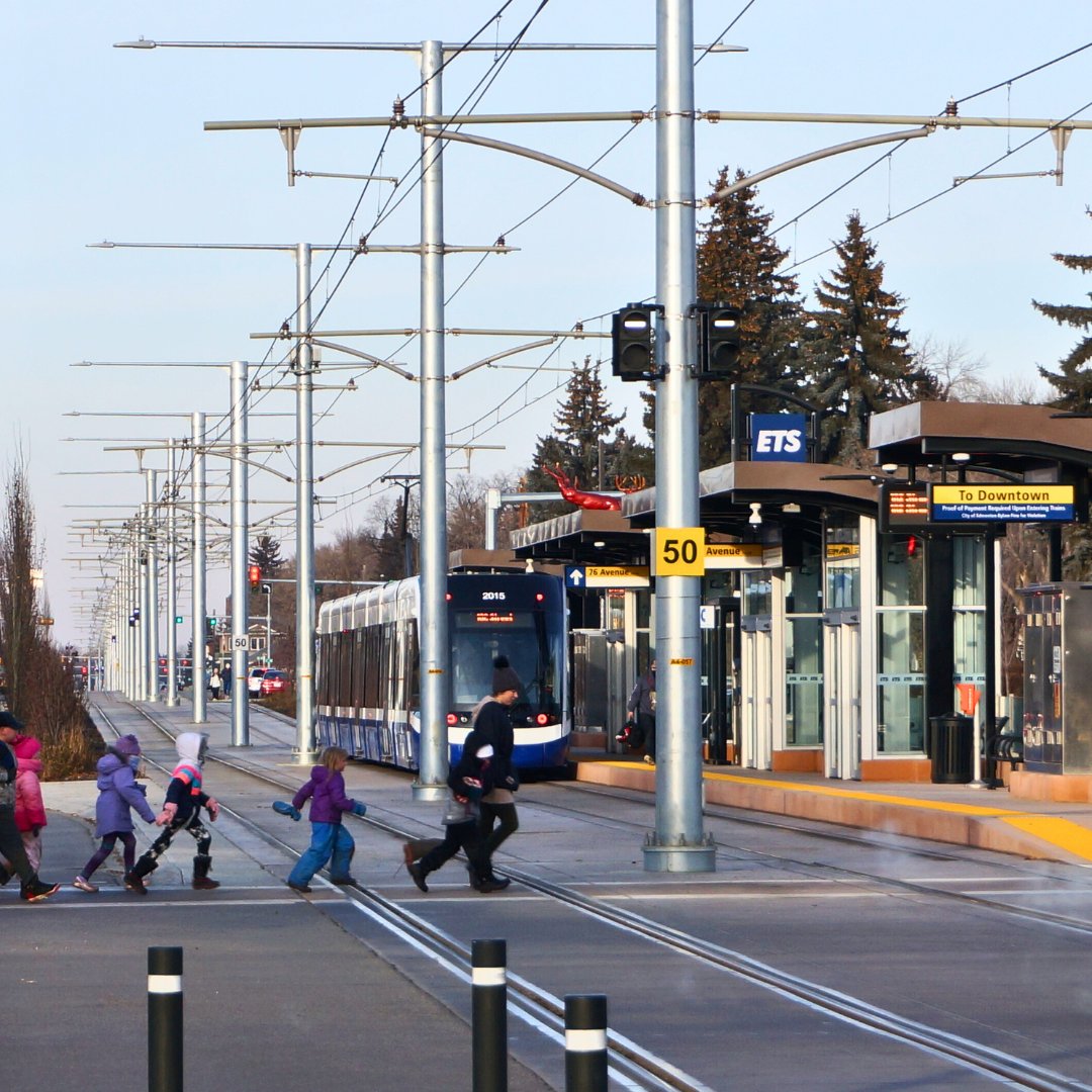 Prioritize your safety! When crossing the Valley Line Southeast LRT tracks, always use designated pedestrian crosswalks. Observe traffic signals and cross only when the walk light signals it's safe. #YegTransit