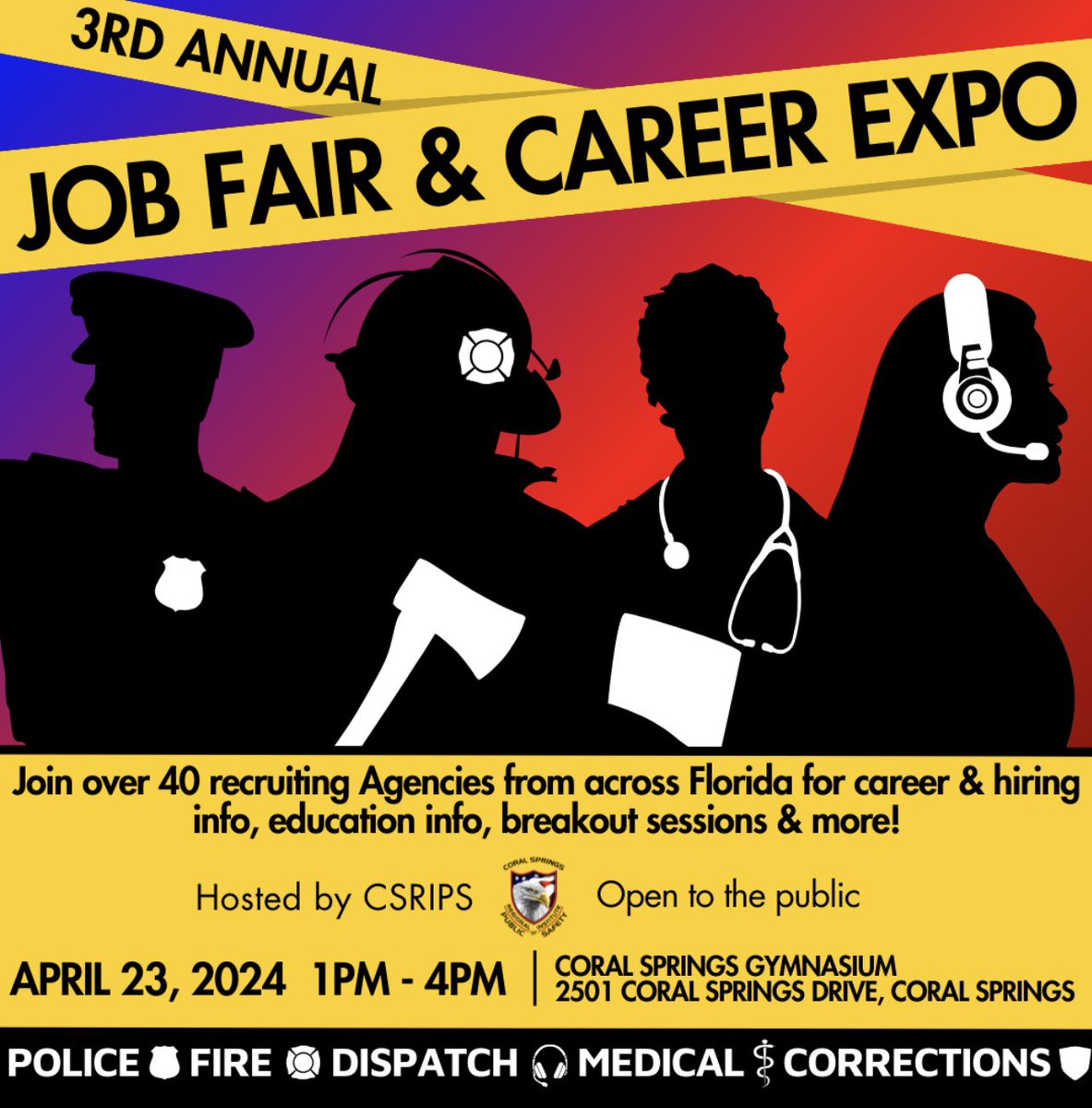 💫💙✨ 🚔 If you are a certified Police Officer from Florida or out-of-state come and see us today in Coral Springs for the 2024 Career Expo at the Coral Springs Regional Institute of Public Safety. See you soon!!! #PBCSchoolPolice