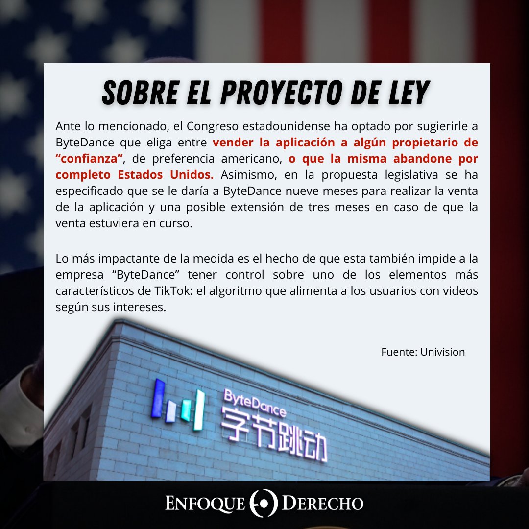 EnfoqueDerecho's tweet photo. #Tiktok 📱
¿Sabias que el #Congreso de #EstadosUnidos aprobó un proyecto de ley que #prohibe el uso de la red social #TikTok?
#EnfoqueDerecho te explica el contexto, plazos y el pronunciamento de esta plataforma.
¿Qué opinas de esta norma? ¡Déjanos tus comentarios! ⬇ https://t.co/Yoh1Afa1ki