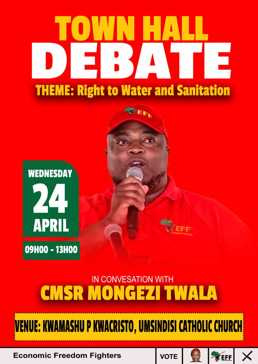 ♦️Happening Tomorrow ♦️ Provincial Chairperson @TwalaMongezi will tomorrow participate in the YMCA South Africa Town Hall Debate, where he will be providing solutions to the ongoing water challenges faced by the community of Inanda, Ntuzuma, KwaMashu (INK) areas. #VoteEFF2024