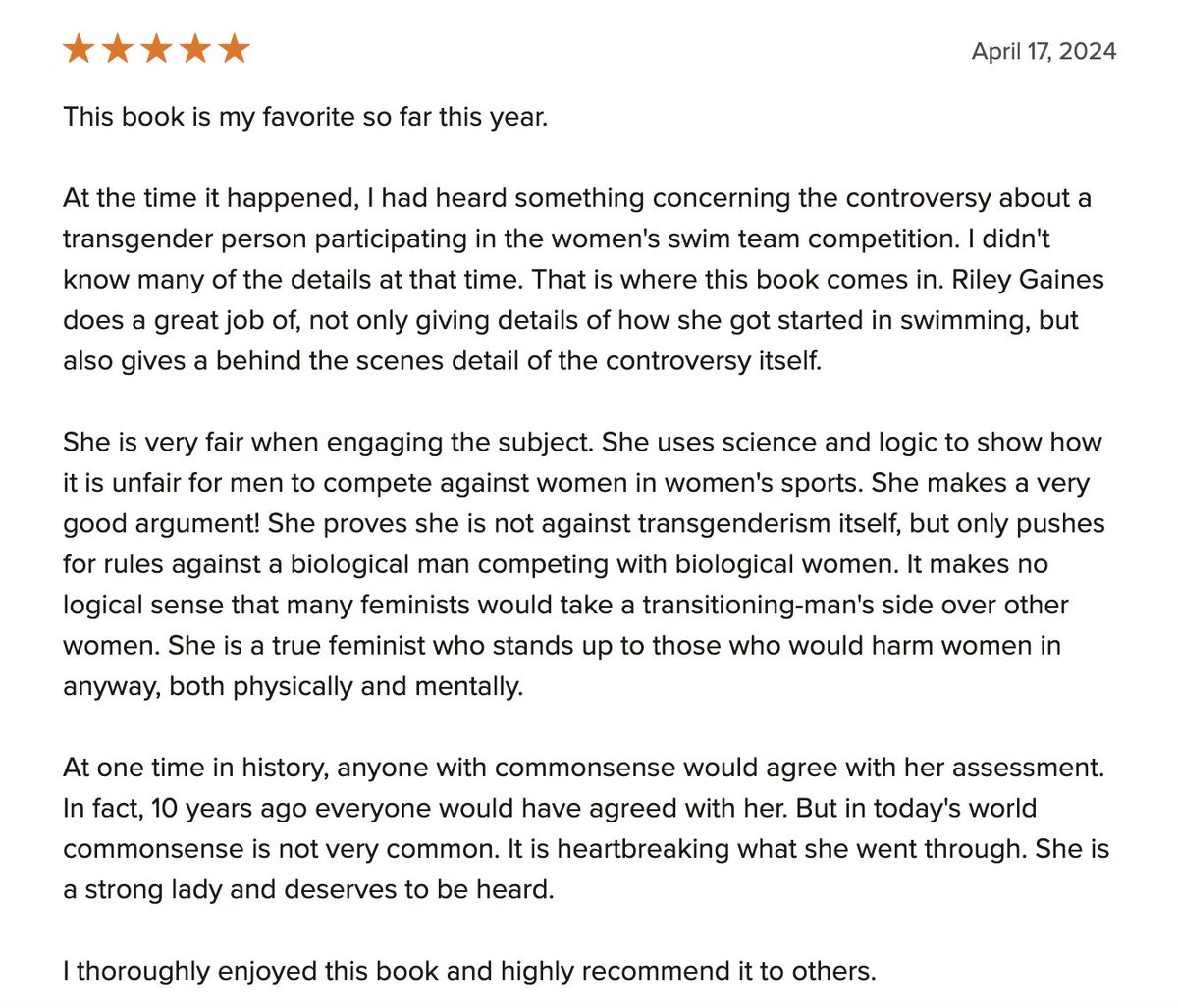 ⭐️⭐️⭐️⭐️⭐️ This five star review says it all! Swimming Against the Current by @Riley_Gaines_ is available for pre-order now: bit.ly/SwimmingAgains…