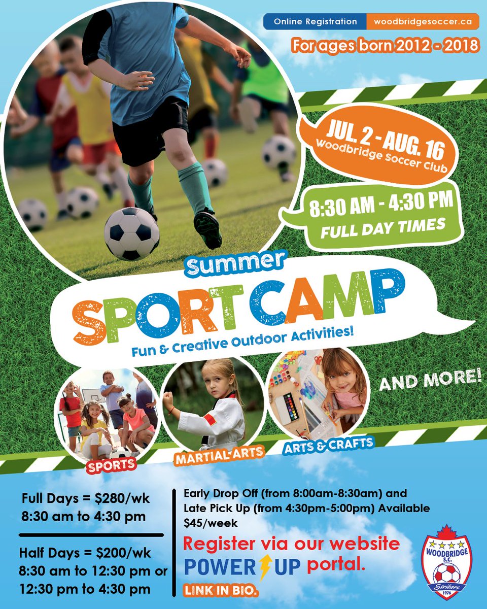 Join us this summer for an unforgettable experience at Woodbridge Soccer's Summer Camp! From July 2 to August 16, our camp offers lots of fun on the field! Sports, Martial Arts, Arts and Crafts and more! Full days or half days. Register today at our website PowerUp Sports Portal!