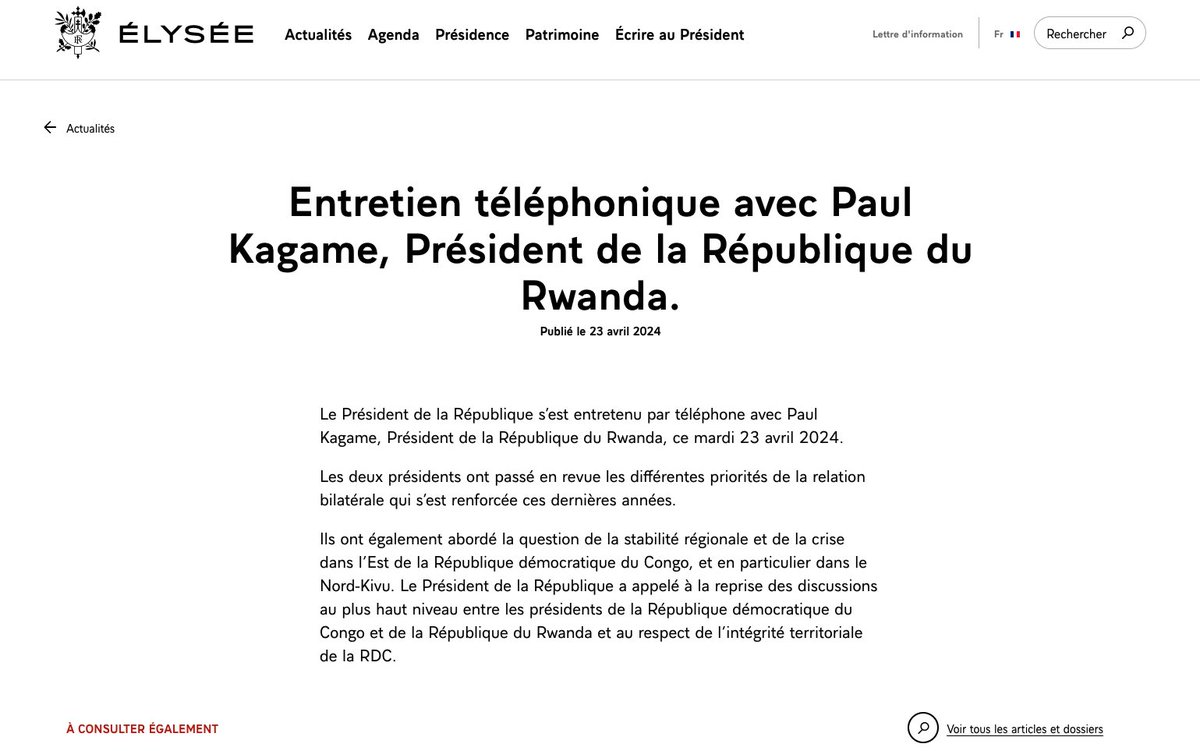 antoine_anfre's tweet photo. Entretien téléphonique ce 23 avril 2024 entre le Président de la République @EmmanuelMacron et le Président Paul Kagame consacré à la relation bilatérale 🇫🇷🇷🇼 et à la situation régionale https://t.co/6F2AhRRSIO
