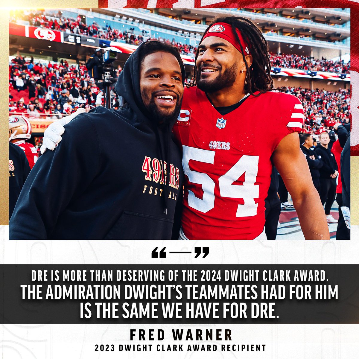 49ers's tweet photo. The ultimate teammate and a leader in the locker room. 

Congratulations Dre! 👏 https://t.co/LoBCPpBXmN