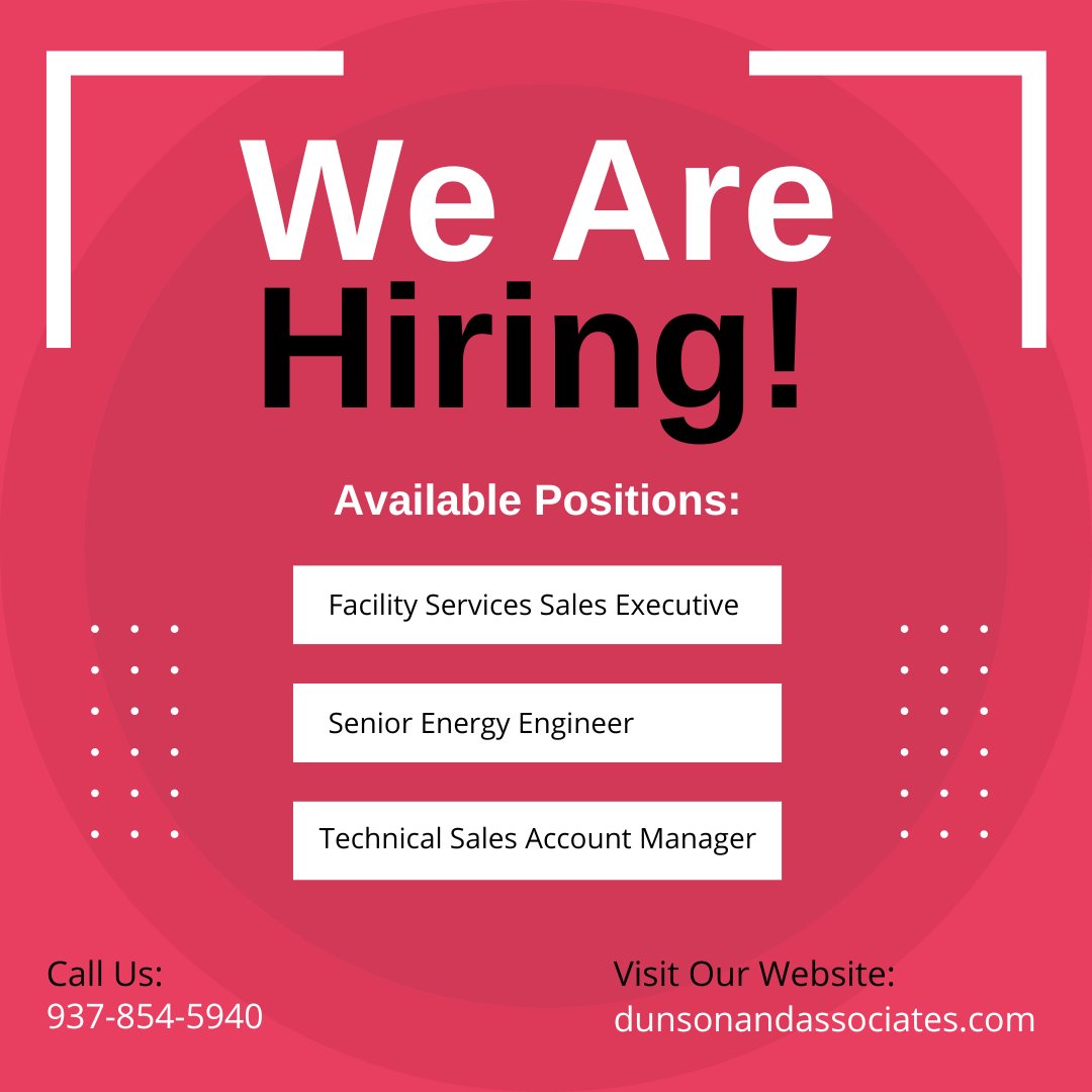 We are hiring! Are you interested? Submit an application now.

Facility Services Sales Executive
Location: Cleveland, OH
Details: bit.ly/3Vqkcyw 

Senior Energy Engineer
Location: Cleveland, OH
Details: dunsonandassociates.com/open-jobs.html…

Technical Sales Account Manager
Locatio ...