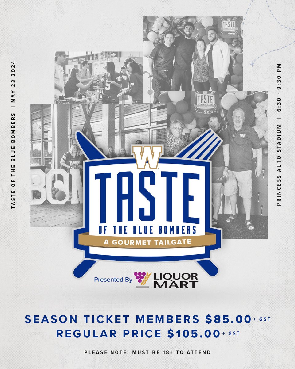 Taste of the Blue Bombers IS BACK! sip, stroll and sample throughout Princess Auto Stadium on May 23rd as local restaurants compete to prepare the best game day fare. more info » bit.ly/3JylP5S #ForTheW | @LiquorMarts