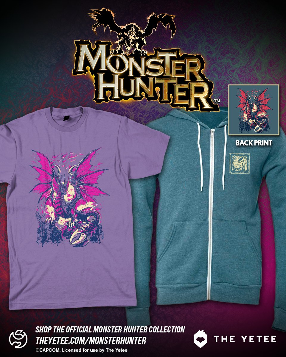 Malzeno joins our official @monsterhunter collection with this fearsomely vibrant new tee and hoodie combo, featuring designs by @HeyHelloWinter! Available now for pre-order: 🍖 theyetee.com/monsterhunter