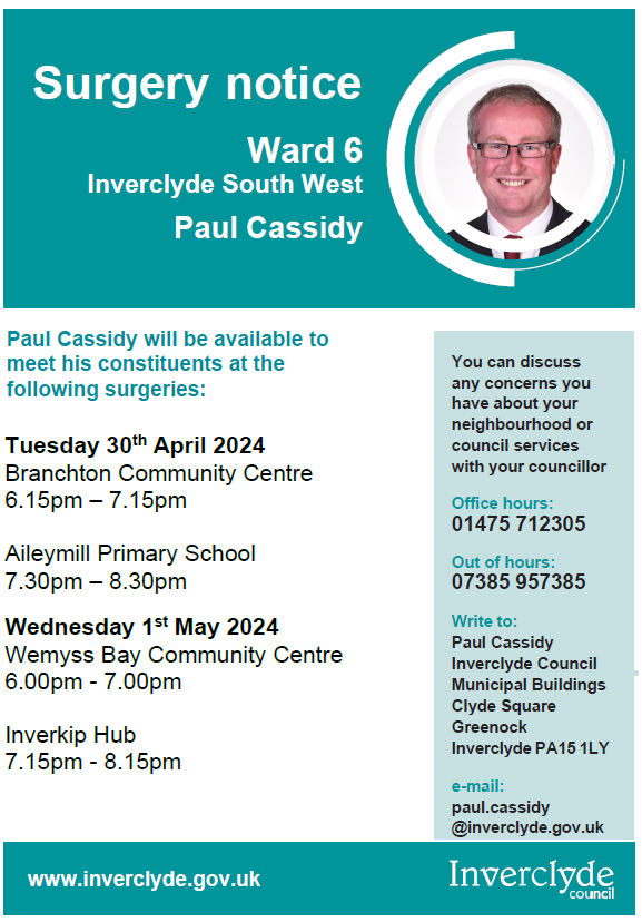Councillor Paul Cassidy (Ward 6) will be available to meet constituents on the following dates. inverclyde.gov.uk/meetings/counc…