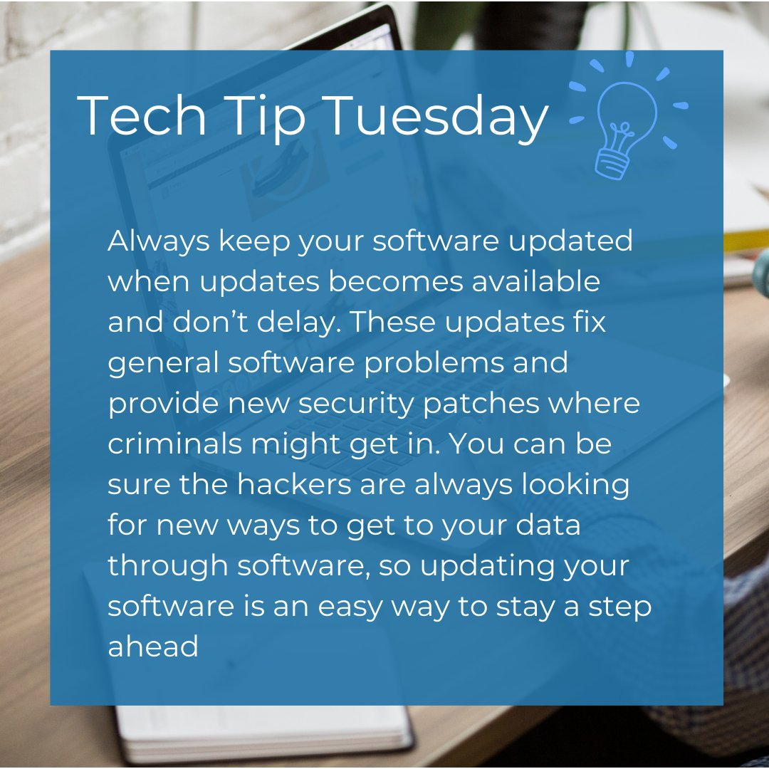 Tech Tip Tuesday: Don't forget to keep your software up to date! 
By staying on top of updates, you can minimize the risk of malware infections and data breaches.

#TechTipTuesday #SoftwareUpdates #CyberSecurity