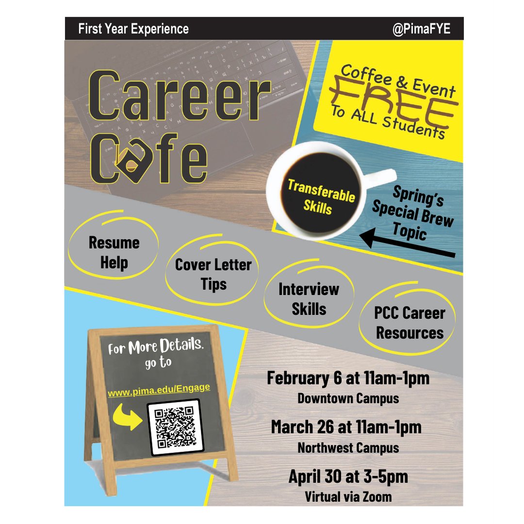 Mark your calendars for Tuesday, April 30th! We are having a virtual #CareerCafe from 3 - 5 pm MST through zoom. Get resume help, cover letter tips, interview skills + info about PCC Career Resources. Find the zoom link through pima engage: bit.ly/CareerCafeEnga…