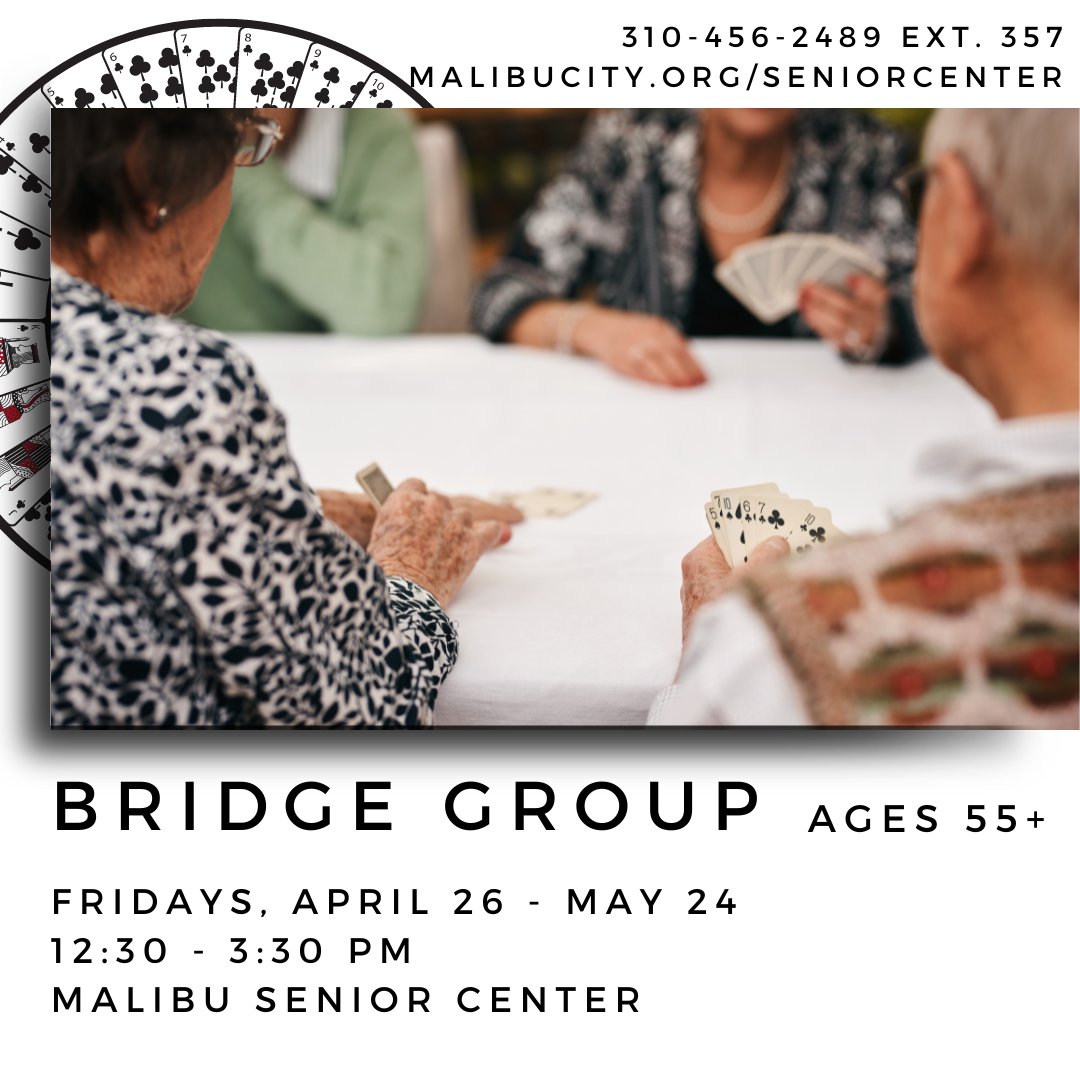MalibuCSD's tweet photo. ♣️ BRIDGE GROUP – Join this friendly group of bridge on Fridays at 12:30 PM at the Malibu Senior Center, led by Vin Joshi. For more information, contact the Senior Center at 310-456-2489 ext. 357, or visit https://t.co/FA4zDcB4fm. #seniorprograms #bridge #malibu https://t.co/xkI3tikKJT