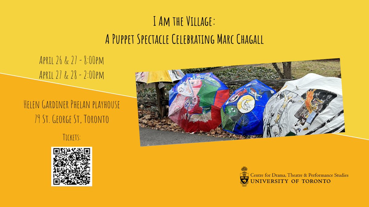 Event reminder - Join the #CDTPS this weekend, April 26-28, for the 2024 Alumni Show, “I Am the Village: A Celebration of Life and Art of Mark Chagall,' written and performed by Alyson Doyle. For more details and get your ticket, visit ow.ly/xkrL50R4m6m 
@UofT @UofTArtSci