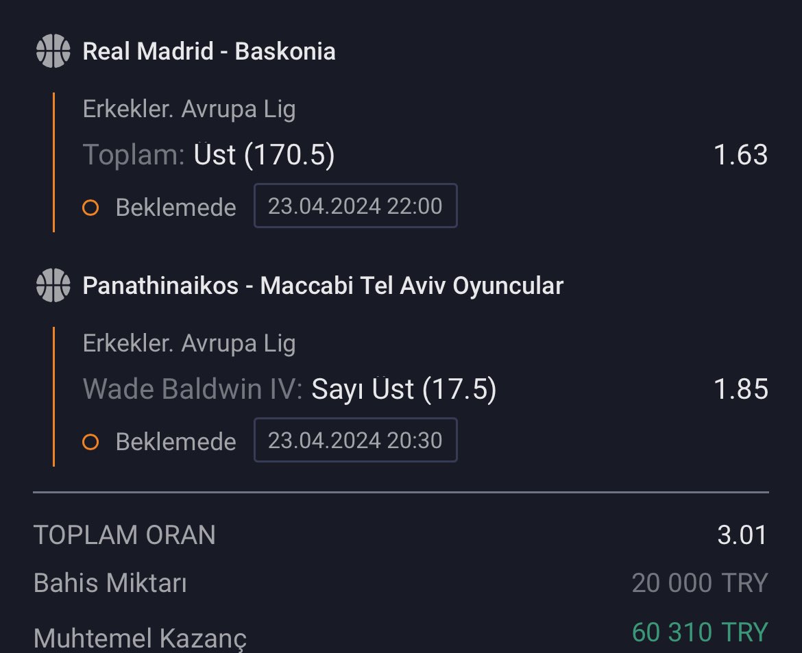 🇪🇸 Real Madrid - Baskonia 170.5 üst 🇮🇱 Wade Baldwin 17.5 sayı üst Oran: 3.01 heylink.me/NYAlpar/ Kazanırsa toplamda 10.000 ₺ dağıtalım. 5 kişiyi aktif üyelerden (miktar farketmeksizin son 1 ay içerisinde yatırım) 5 kişiyi de destek olanlardan seçeriz.