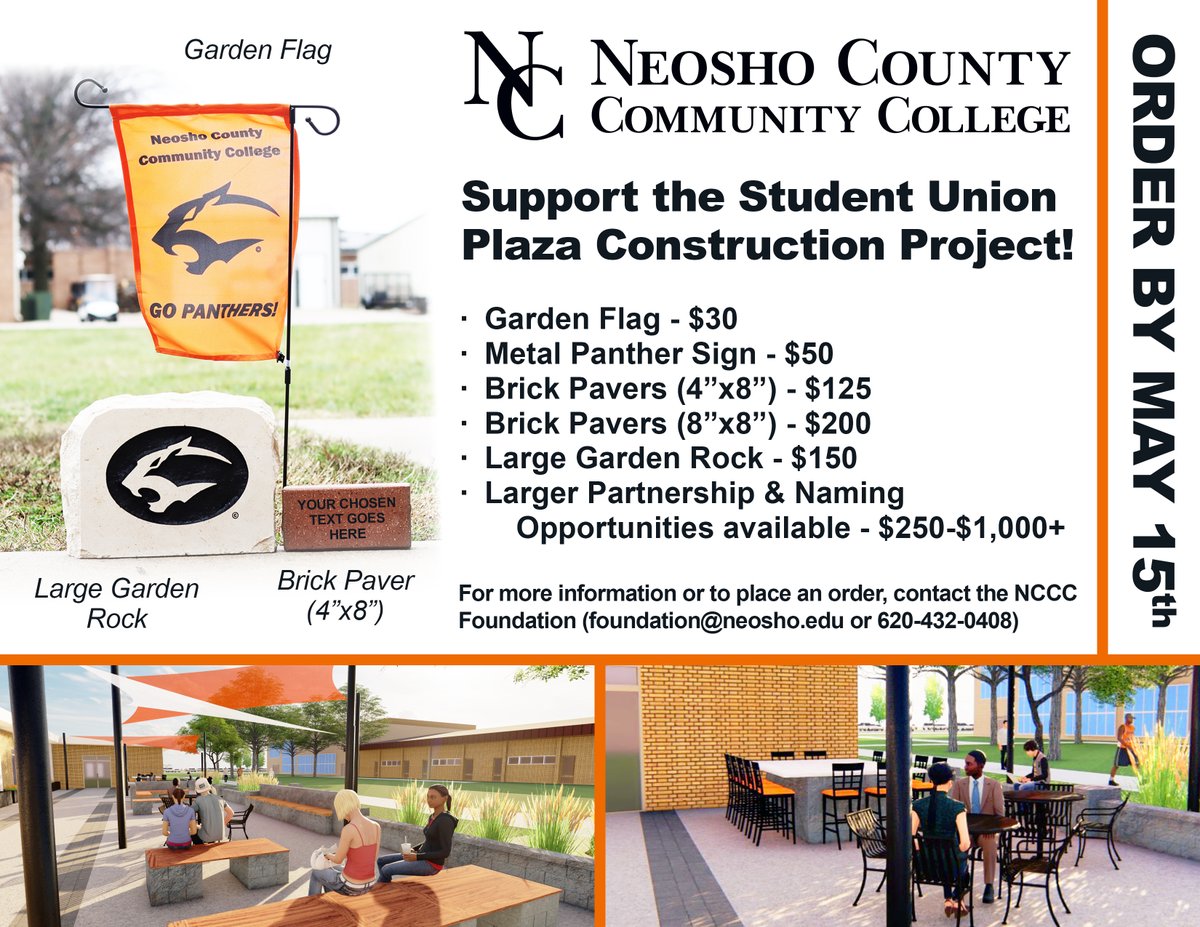 NCCC's tweet image. Help NCCC give the heart of campus a facelift! Support the Student Union Plaza Construction Project today and be a part of creating a hub for student life at the center of the Chanute campus. We have items for purchase for your home or as a permanent fixture in the plaza itself!