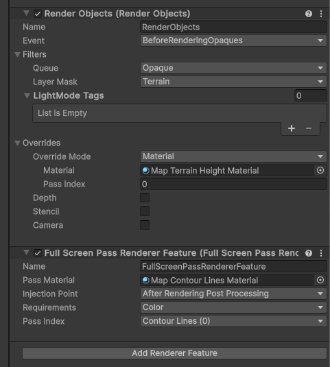 Kinda loving URP! easy to set up renderers for things like drawing a height contour line map just add 'RenderObjects' and 'FullScreen' passes 👍 sucks tho that it's such a reverse engineering effort to find out HOW things are passed from Unity ➡️ Shader e.g. '_BlitTexture'
