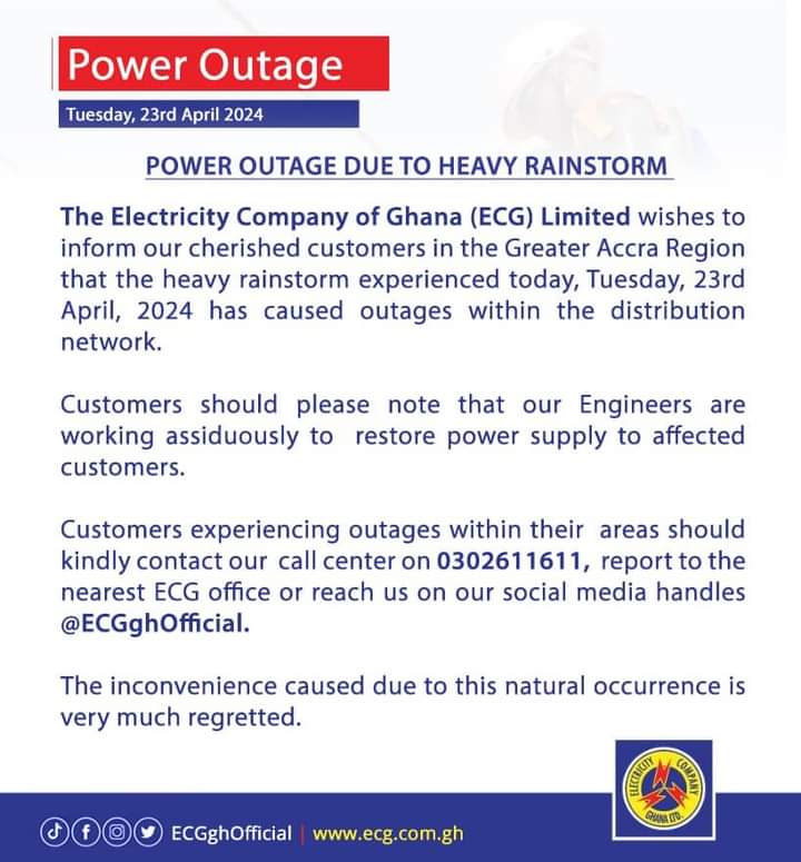 The Electricity Company of Ghana (ECG) says power outage being experienced currently in some parts of Accra is due to the rainstorm this (Tuesday) morning. #GHOneNews #GHOneTV