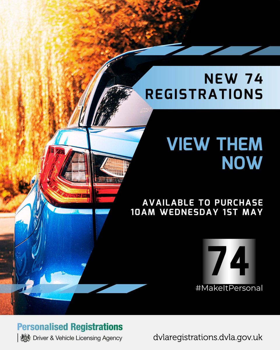 The new 74 series of registrations is now available for viewing! 🤩

They will be available to buy from 10am on the 1st of May 📆

Find your favourite here 👉ow.ly/Jv6j50Rc58z 
#MyDVLAReg #MakeItPersonal #DVLARegistrations