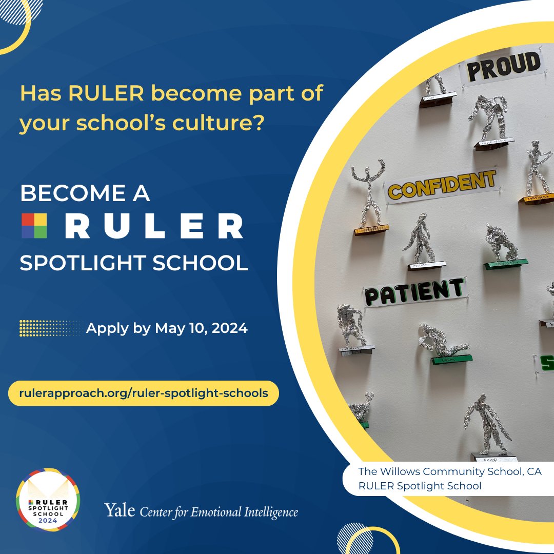 Attention RULER schools! Are you interested in collaborating with @Yaleemotion and building your network with other RULER schools? Consider applying to the RULER Spotlight School program. The deadline 5/10. Apply today: rulerapproach.org/ruler-spotligh…