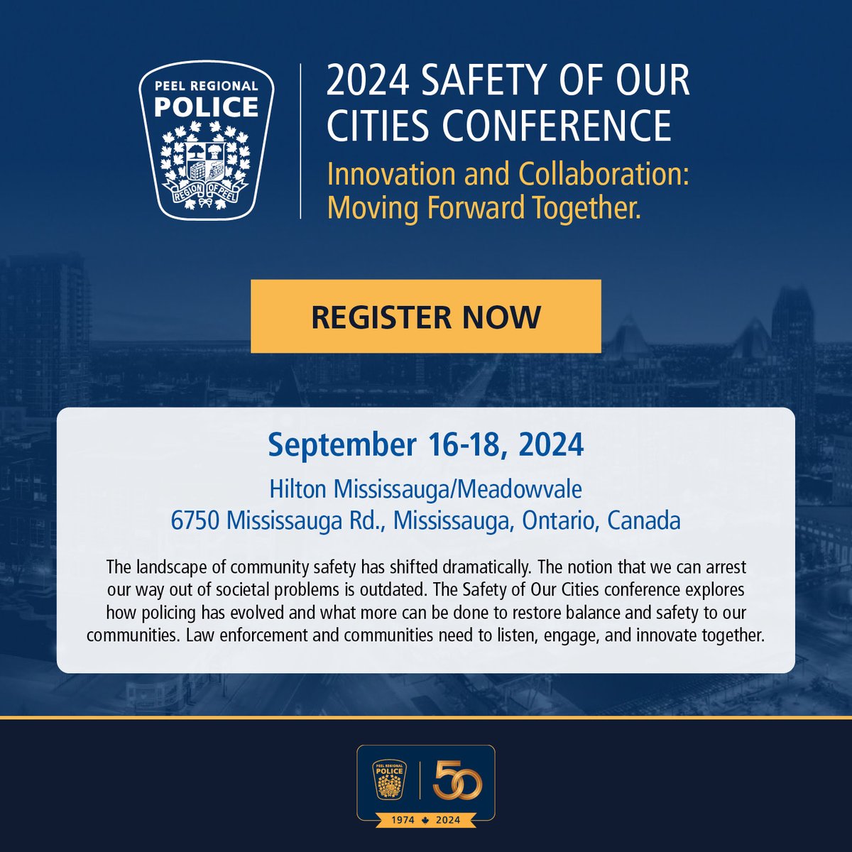 Join us for the 2nd Annual Safety of our Cities Conference: Sept 16-18th. #SafetyofOurCities conf explores how policing has evolved, & restoring balance/safety in our communities. Call for Proposals & Registration now open: safetycitiesconference.ca  #PRP #OACP #MCCA