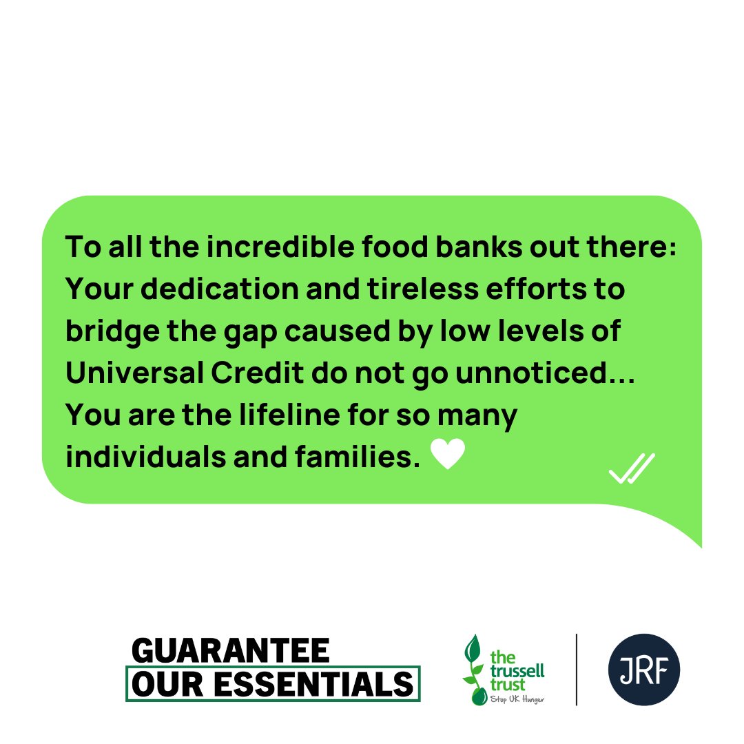 We’ve got your messages. ✅ 💚 Universal Credit is falling short and forcing people to go without essentials, like food. Food banks are working tirelessly to fill the gap – and messages like this one are helping them to keep going. Thank you.