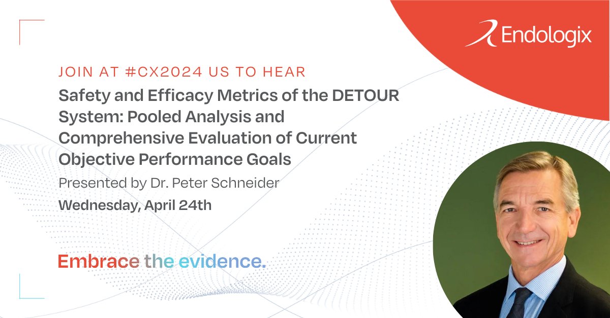 Exciting session tomorrow at the CX Symposium! Dr. Peter Schneider will be discussing 'Safety and Efficacy Metrics of the DETOUR System: Pooled Analysis and Comprehensive Evaluation of Current Objective Performance Goals.' cxsymposium.com #CX2024 #VascularHealth