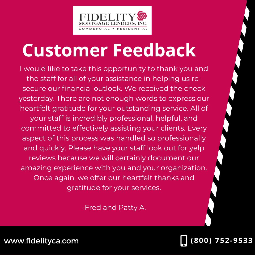 FidelityLenders's tweet photo. Thanks for your amazing words, Fred and Patty!
#FidelityMortgage #ClientReview #CustomerFeedback https://t.co/m2M5OeAeXl
