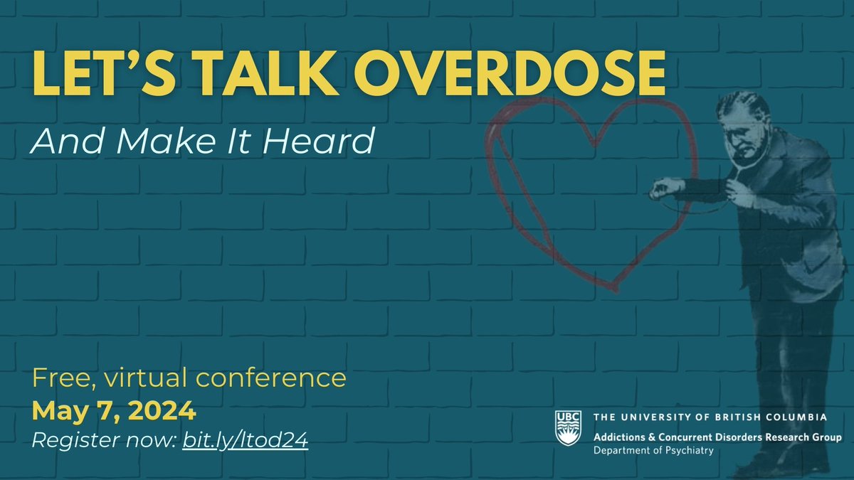 ACD Research Group (@acdresearch) on Twitter photo Two more weeks until the free, virtual Let's Talk Overdose conference!
Thank you to our partners & sponsors, including <a href="/BCCHresearch/">BC Children's Hospital Research Institute</a> <a href="/CoastMH/">Coast Mental Health</a> <a href="/Foundrybc/">Foundry</a> <a href="/BCMHSUS/">BC Mental Health and Substance Use Services</a> <a href="/UBC_Psychiatry/">UBC Department of Psychiatry</a> <a href="/UBC_IMH/">UBC Institute of Mental Health</a> <a href="/McGillMedPsych/">McGill Psychiatry</a> and more.
Get your ticket & view the program here: bit.ly/ltod24 Two more weeks until the free, virtual Let's Talk Overdose conference!
Thank you to our partners & sponsors, including <a href="/BCCHresearch/">BC Children's Hospital Research Institute</a> <a href="/CoastMH/">Coast Mental Health</a> <a href="/Foundrybc/">Foundry</a> <a href="/BCMHSUS/">BC Mental Health and Substance Use Services</a> <a href="/UBC_Psychiatry/">UBC Department of Psychiatry</a> <a href="/UBC_IMH/">UBC Institute of Mental Health</a> <a href="/McGillMedPsych/">McGill Psychiatry</a> and more.
Get your ticket & view the program here: bit.ly/ltod24