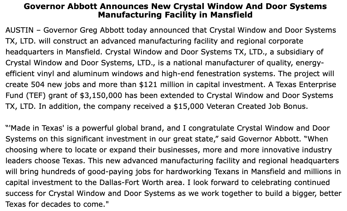 GREAT news for North Texas: @DoorCrystal will build an advanced manufacturing facility and regional headquarters in Mansfield.  Hundreds of new jobs and MILLIONS in capital investments are headed to the DFW area. Find out more: bit.ly/3wfMhOF