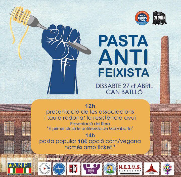 #PastaAntiFeixista Vine a celebrar el dia de la resistència i l’alliberament del nazi-feixisme menjant pasta amb nosaltres! 🍝

🗓️ Dissabte 27 d'abril
📍 Can Batlló, Barcelona

🔗Més informació: n9.cl/vbm5n