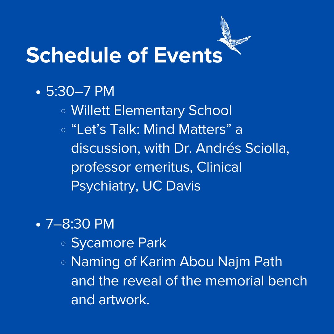 The family of Karim Majdi Abou Najm has organized a Day of Remembrance in his honor. The campus community is invited to attend the events being held on April 29 from 5:30-8:30 p.m. at Willett Elementary School and Sycamore Park. #ucdavis