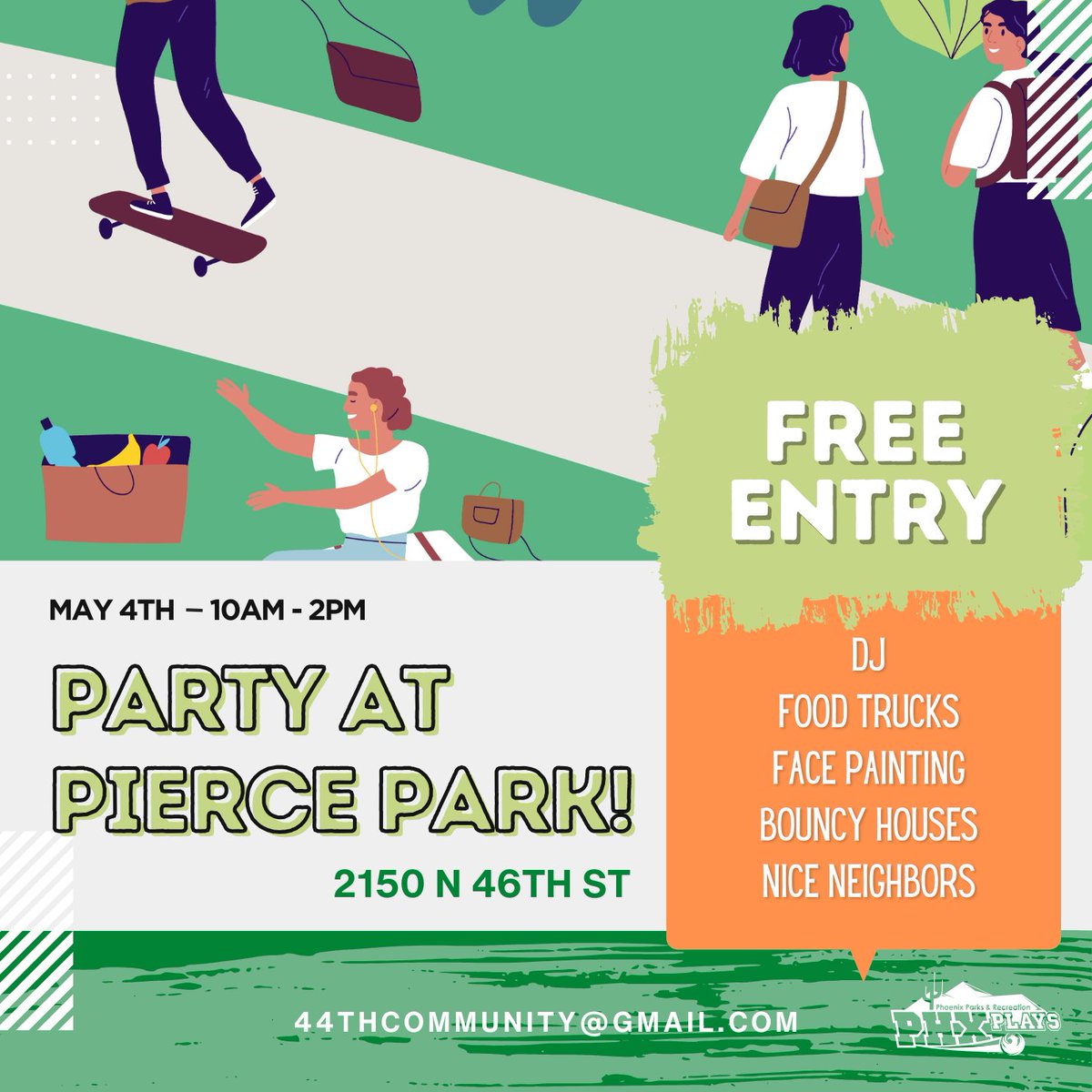 🎉 May 4th, 10am-2pm - Save the date! Pierce Park Party promises fun-filled activities, delicious food trucks, face painting, bouncy houses, and lively music. Can't wait! #phxplays #phxparks 🎈 📍 Pierce Park, 2150 N 46th St, Phoenix, AZ 85008 ⏰ May 4th, 10AM-2PM