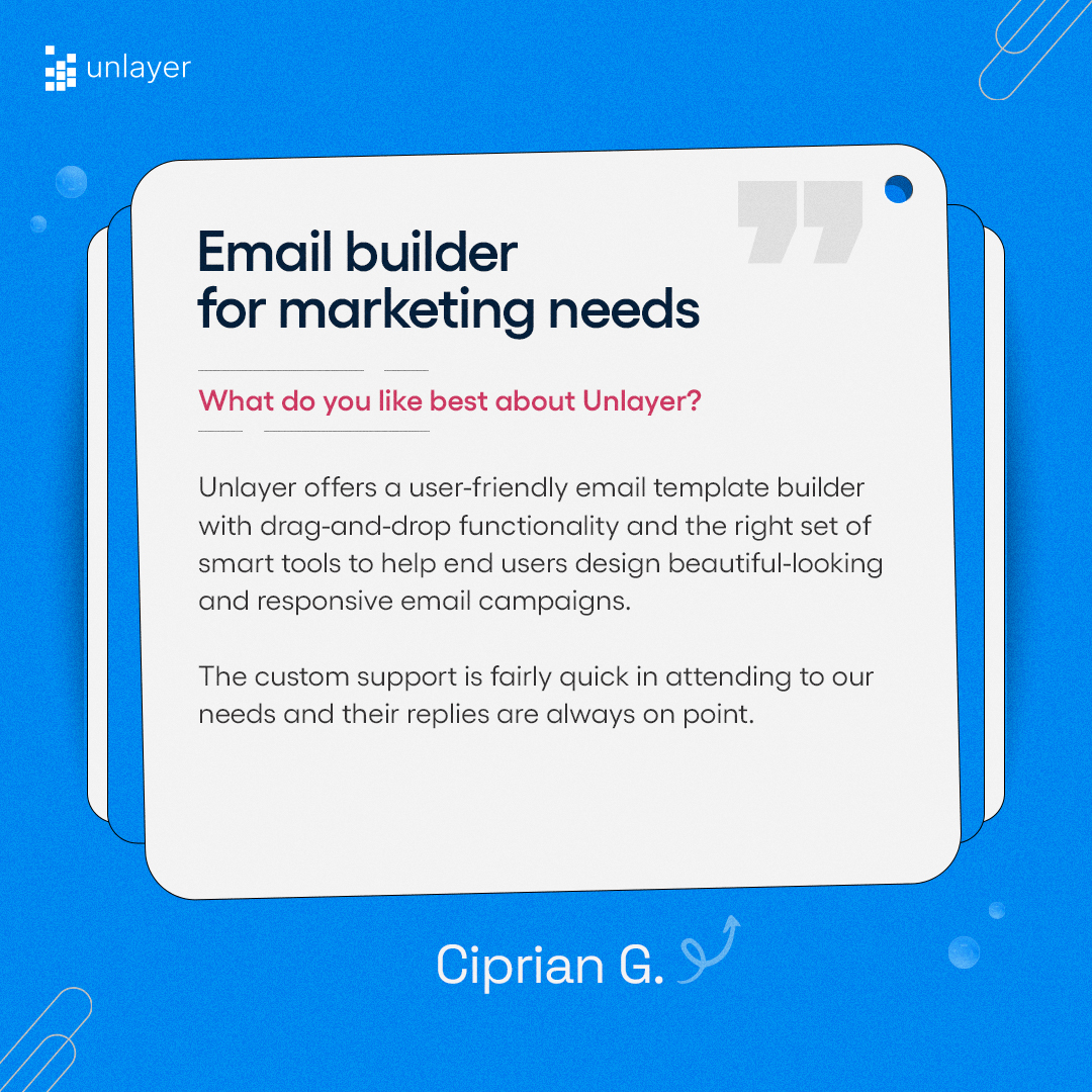 🚀 Did you know that Unlayer’s drag-and-drop email editor makes creating beautiful emails a breeze? Check out what our customers say about us! 😎

 #EmailMarketing #EmailDesign #EmailCampaigns #Unlayer #CustomerReviews #EmailTool #BeautifulEmails