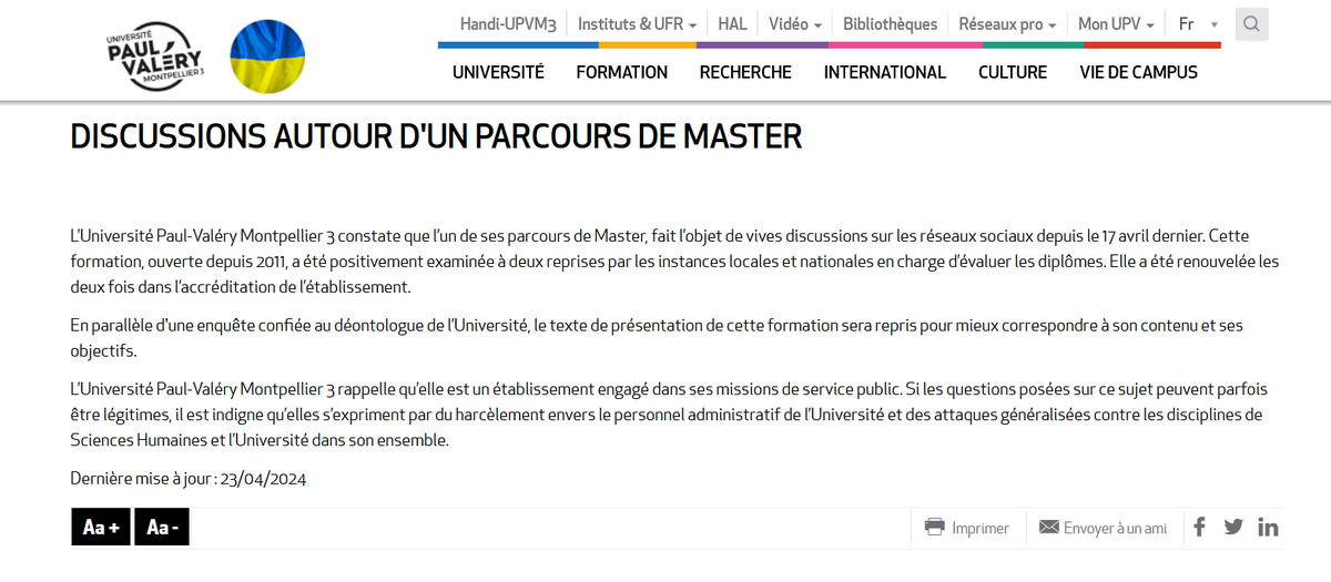 L'université Paul Valéry réussit l'exploit de se plaindre de harcèlement au lieu de reconnaître que le descriptif de son master quantique et vibratoire méritait qu'on leur rappelle qu'une Université n'est pas exactement un salon du bien être.

NB : Ils annoncent une enquête.