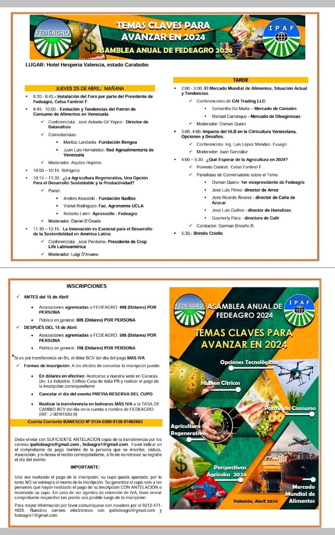 grupopaituren's tweet photo. #Programa de la #AsambleaAnual de @FEDEAGRODIGITAL el Jueves #25ABR en el Hotel Hesperia de Valencia, Carabobo. 

"Temas claves para avanzar en 2024"
🇻🇪 https://t.co/pZSAG1MJWN