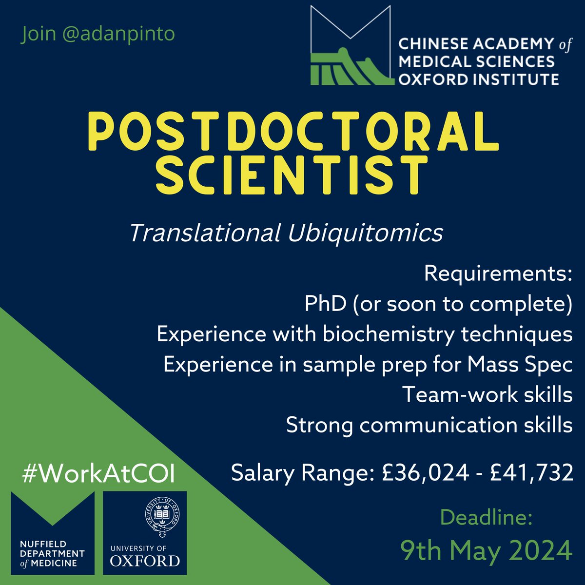 CAMS_COI_Ox's tweet photo. Come and #WorkAtCOI as a #PostdoctoralScientist with @adanpinto to investigate the therapeutic potential of a deubiquitylating enzyme in the central nervous system. Apply or find out more here: https://t.co/6tpohdMmVJ https://t.co/I3le8tB63Y