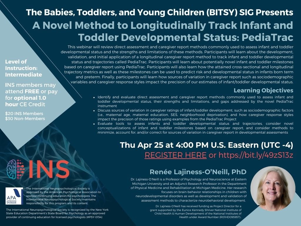 AnstPeds's tweet image. This Thursday (4/25) at 4:00pm EST join the @INSneuro BITSY SIG for a webinar on PediaTrac! Register at: us02web.zoom.us/webinar/regist…
CE credit is available with payment. Webinar is FREE for INS members 🧠