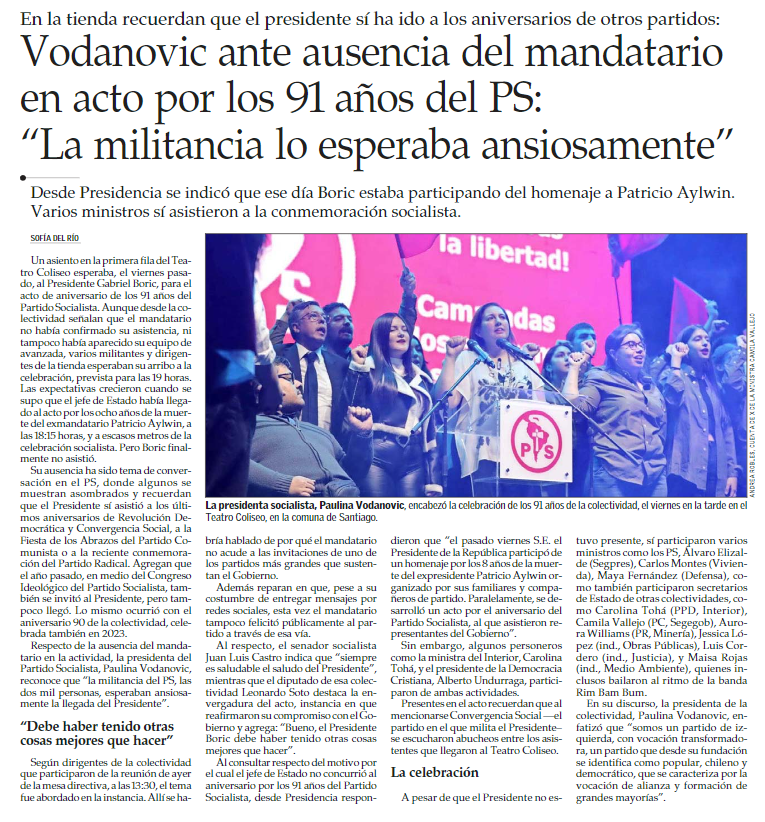 sofidelrio10's tweet photo. El presidente Gabriel Boric no asistió el viernes pasado al acto del PS por sus 91 años, pero sí estuvo una hora antes junto a la DC en el homenaje a Patricio Aylwin, lo que generó molestia en la colectividad liderada por Paulina Vodanovic. 
@ElMercurio_cl https://t.co/6Nq42X5Aqi