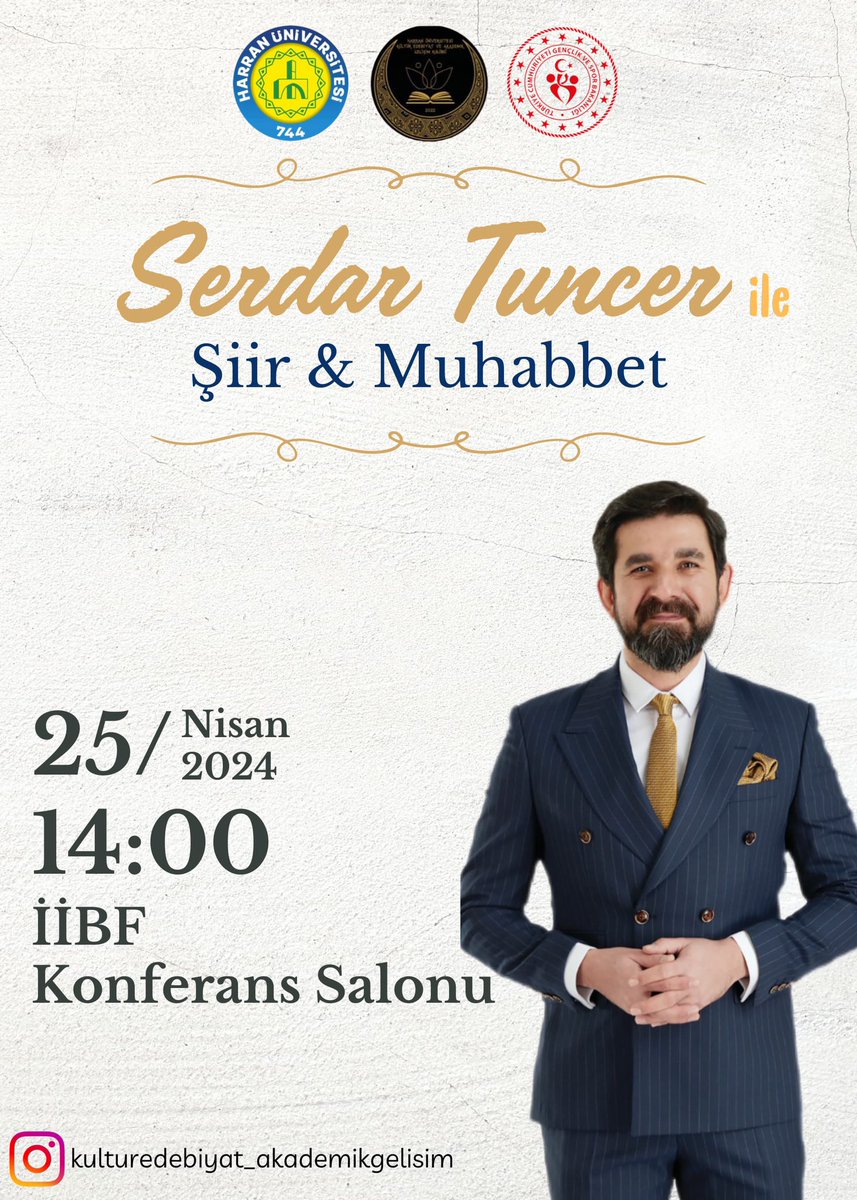 Biraz şiir, biraz muhabbet biraz da tebessüm 🤗 Serdar Tuncer ile 'Şiirli Muhabbet' programı 📜 🗓️ 25 Nisan Perşembe ⏰ 14.00 📍 İİBF Konferans Salonu @OA_BAK @gencliksporbak