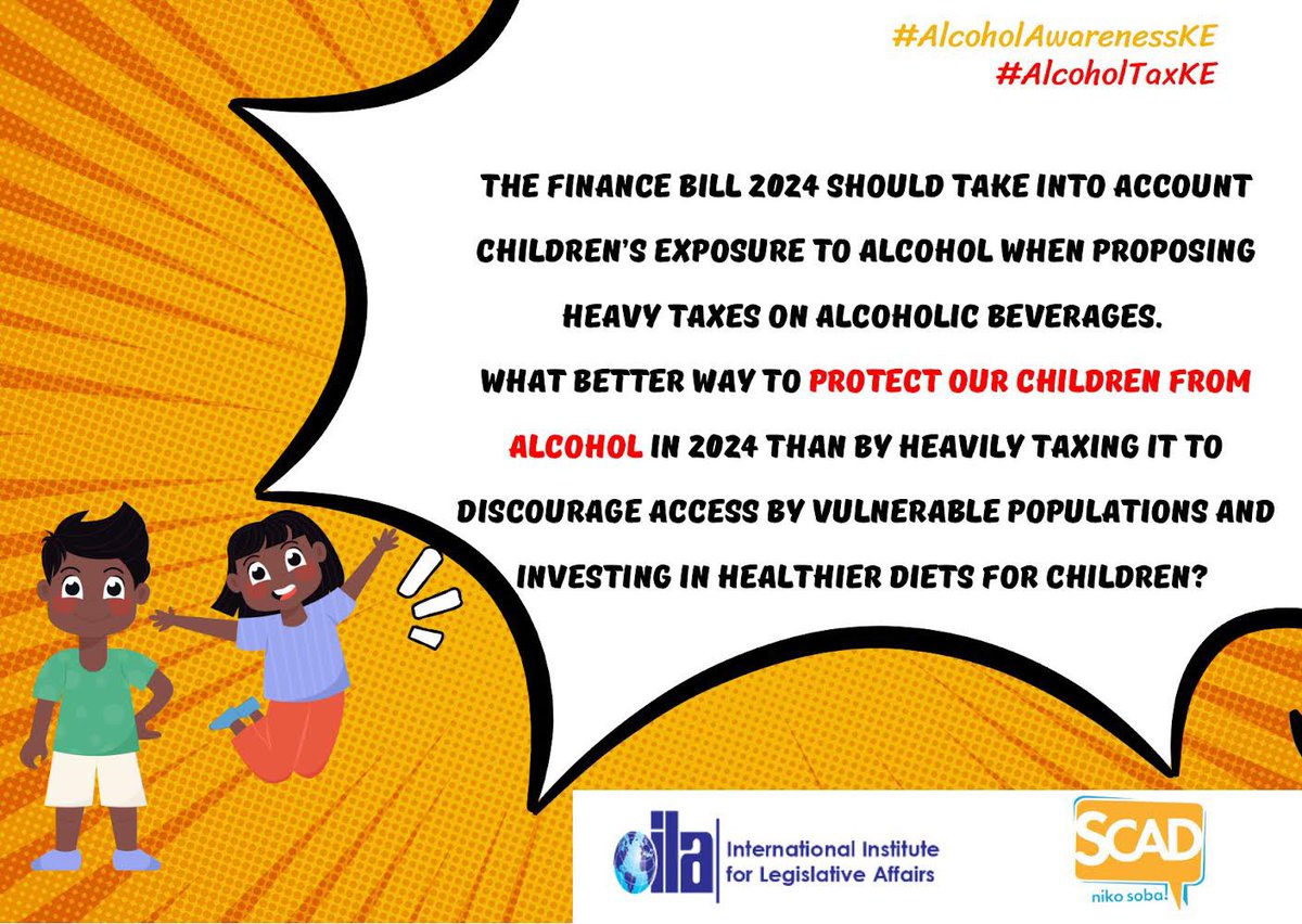 Protect our Children from Alcohol by heavily taxing it to discourage access by vulnerable populations

#AlcPolPrio
#SCADCares 
#AlcoholTaxKE 
#AlcoholAwareness
#AlcoholAwarenessKE