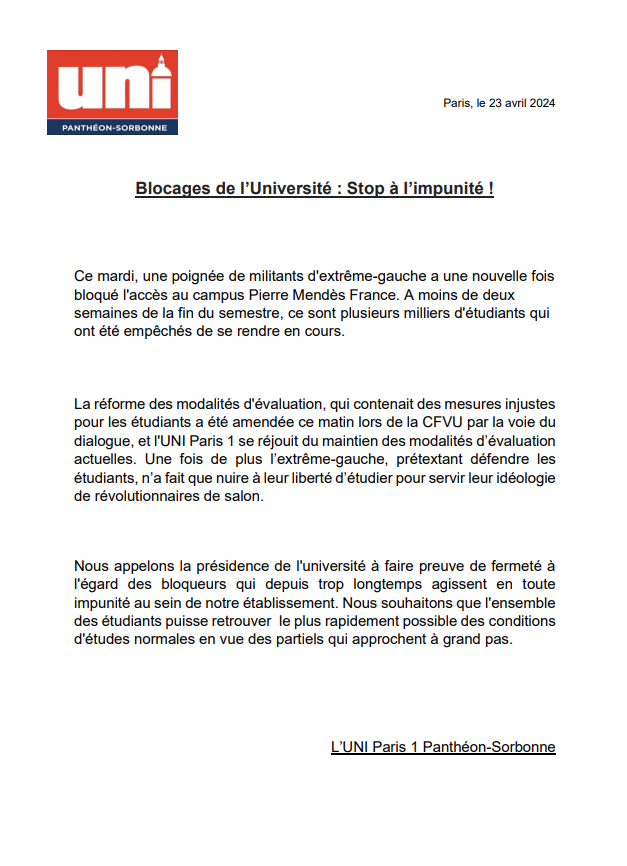 Blocages de l'Université : Stop à l'impunité ! Notre communiqué⬇️ @droiteuniv @uniparisidf