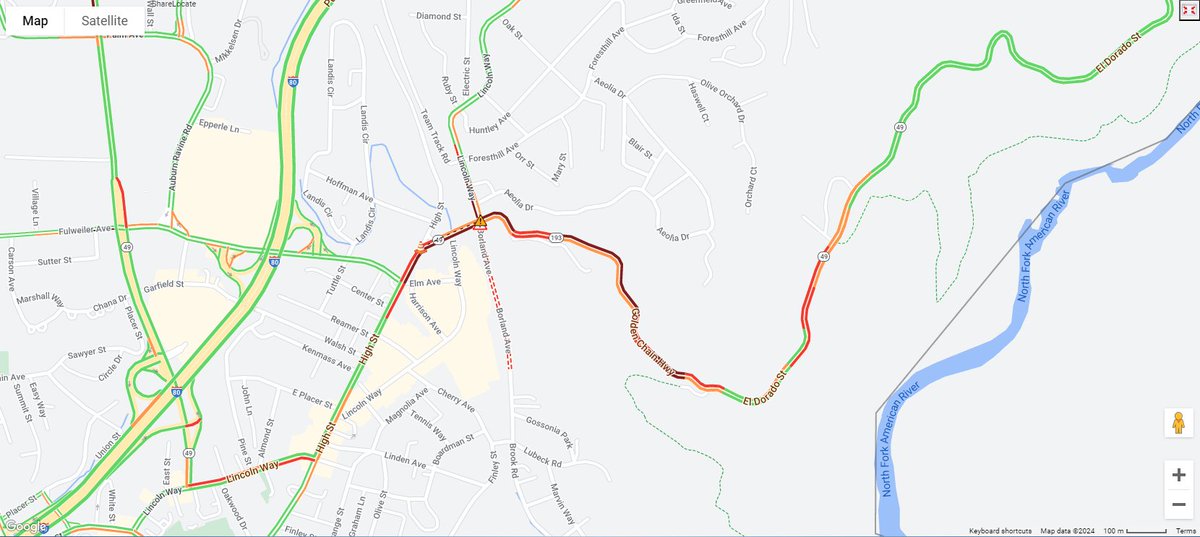 #TrafficAlert All lanes block along SR-49 at Borland Avenue/Lincoln Way due to an overturned big rig hauling logs. Northbound traffic is being diverted via Old Foresthill Road. No ETO. @PlacerCA @CHPAuburn @CityofAuburnCA