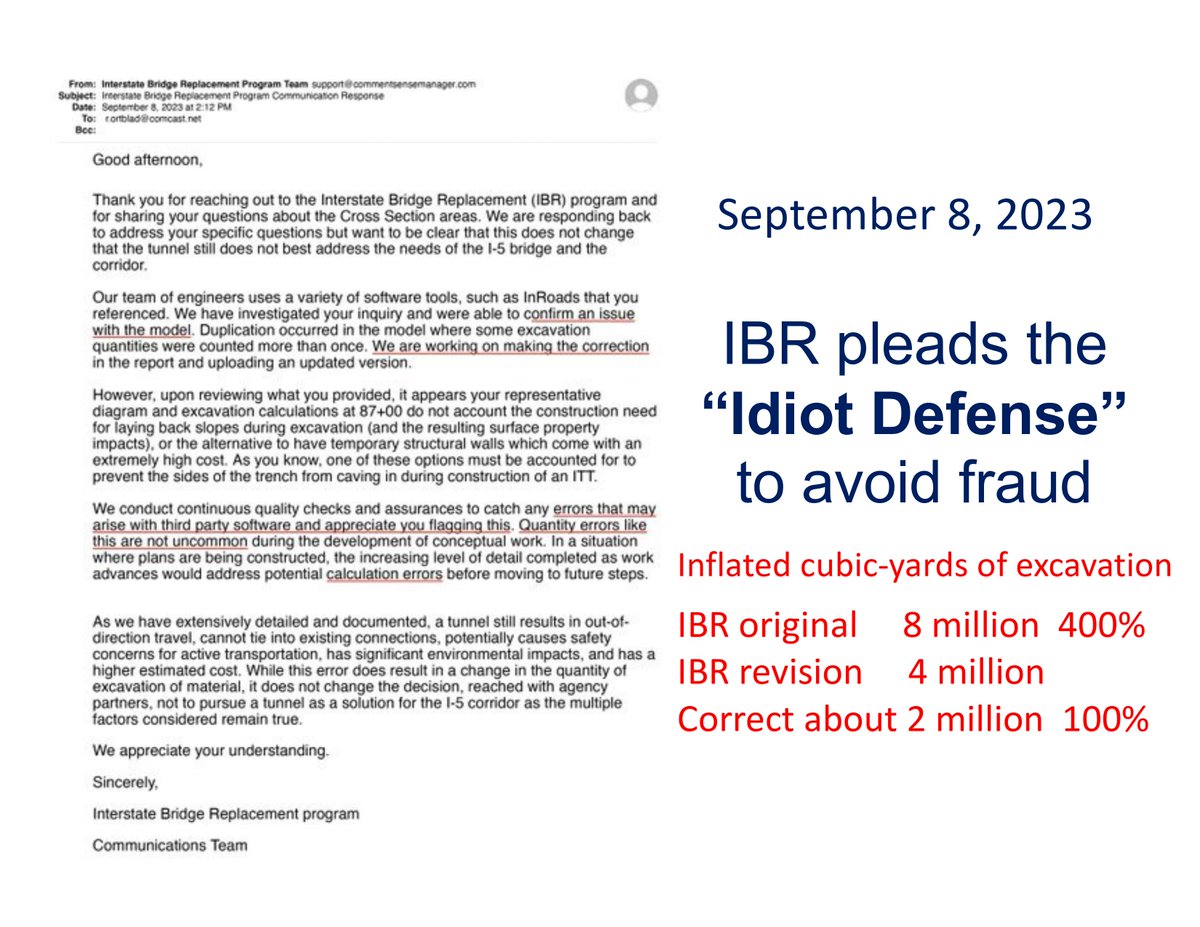 Key events - Immersed Tunnel July 14, 2021 IBR’s error-filled “Tunnel Concept Assessment” challenged Dec. 5, 2022 Hayden Island public challenge Feb. 8, 2023 US Coast Guard suggests tunnel evaluation @USCGPacificNW Sept. 8, 2023 IBR pleads “Idiot Defense” to avoid fraud