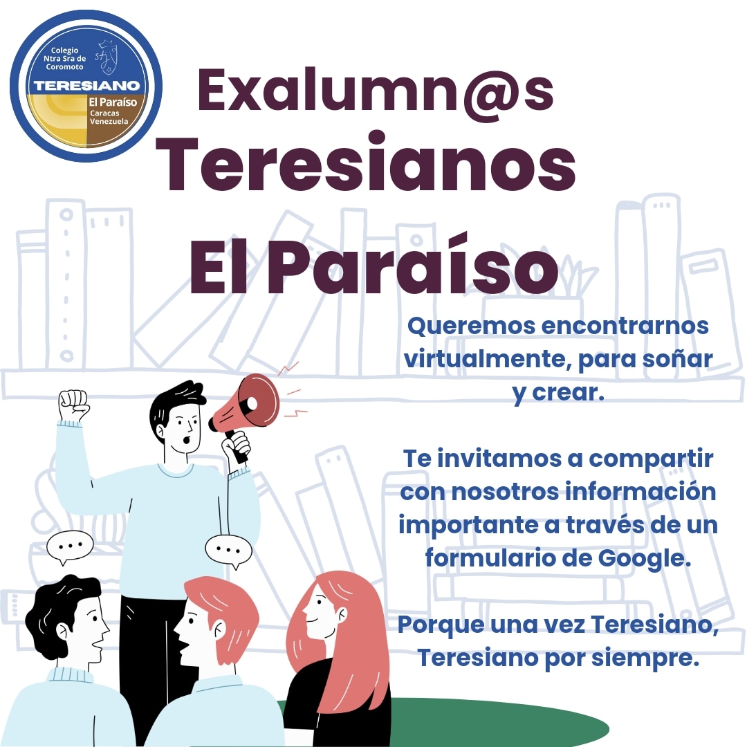 ¡Exalumn@s Teresianos, reconectémonos! ‍‍
Reencuentro virtual para soñar y crear
Te invitamos a compartir información importante con nosotros a través de un formulario de Google  docs.google.com/forms/d/e/1FAI…
¡Gracias!
Comparte este mensaje con tus compañer@s Teresianas. ¡Participemos!