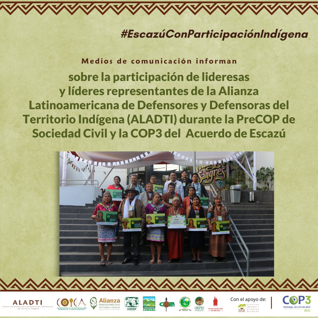 #DARcomparte #EscazúAhora | Te invitamos a leer las notas de prensa, en medios internacionales, sobre la participación y las propuestas de Alianza Latinoamericana de Defensores y Defensoras del Territorio Indígena (ALADTI) en el marco de la buena gobernanza del #AcuerdoDeEscazú: