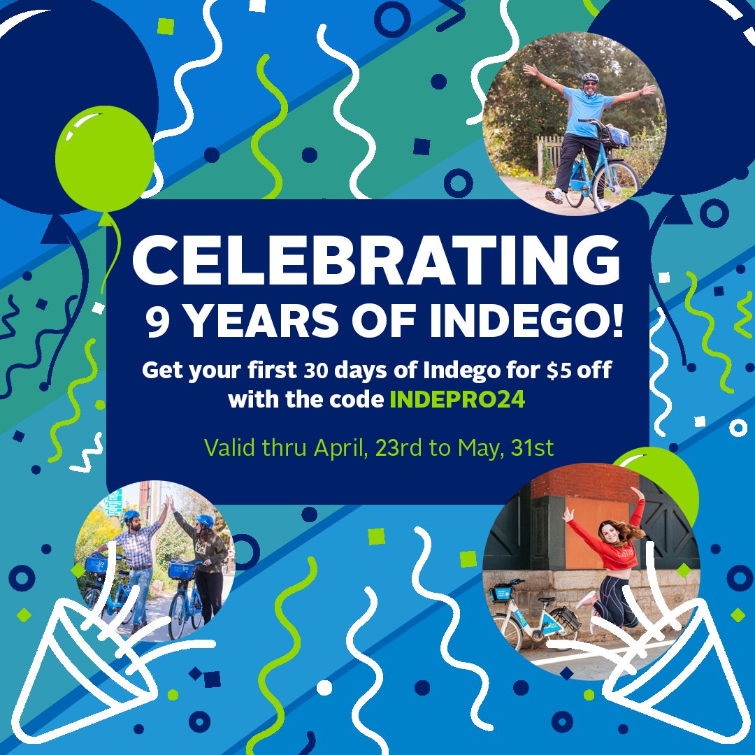 Celebrating 9 years of Indego! Kick off Bike Month early and get your first 30 days of Indego for $5 with code INDEPRO24! Special thanks to all of our partners, the Indego team, and to all of our riders for continuing to make Indego Philly's favorite bike share.