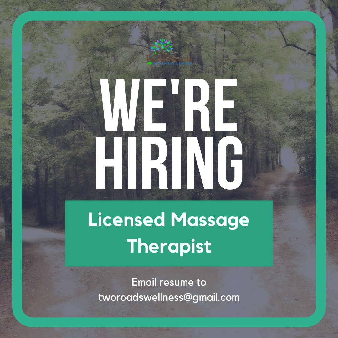 NOW HIRING 📣

Two Roads is looking for a licensed Massage Therapist to join our amazing team! This is a 1099 position, and the hours are flexible! Please send your resume to tworoadswellness@gmail.com if you are interested!

#nowhiring #massagetherapist #workwithus