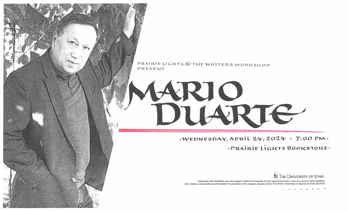 Wednesday! April 24, 7:00pm at Prairie Lights bookstore, Mario Duarte will read from his new book, 'My Father Called Us Monkeys' events.uiowa.edu/85683