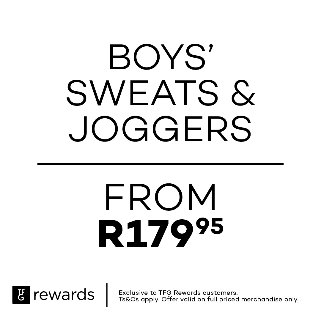 Winter got warmer for the whole family! TFG Rewards Members, shop Boys' (ages 5 - 14yrs) sweats & joggers from R179.95 each💪

Shop the range in all Totalsports stores, Bash mobi app & online: bit.ly/3UytCHu

#TSbyTotalsports