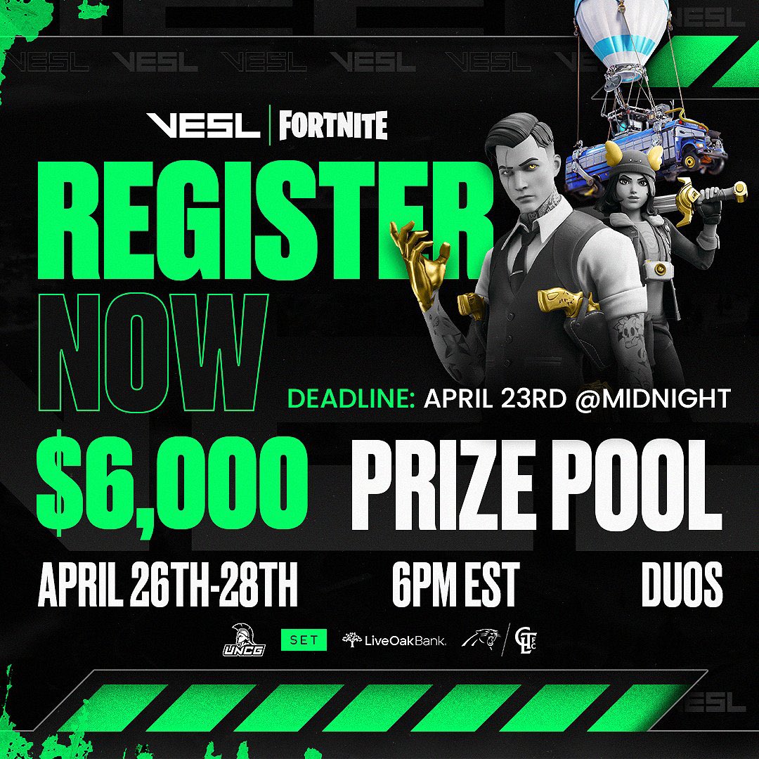 $6,000 Fortnite Duos Registration is open! 📆: Starting April 26th, 6 PM EST. 📍: Must be a High School Student Residing in North Carolina To register, visit stiegleredtech.org/compete/ Note: This event is strictly limited to high school students from North Carolina. # ad